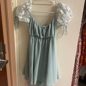 Lucy in the sky teal dress with short floral puff sleeves XS